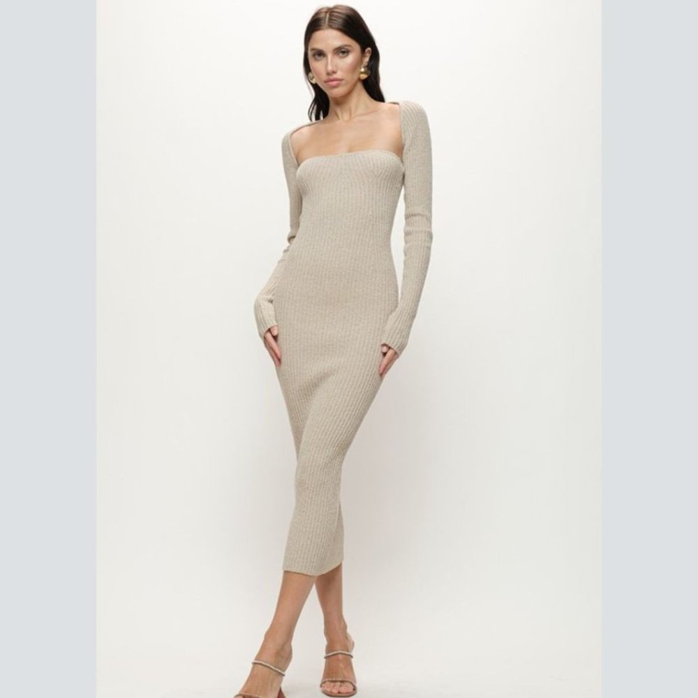 NWT Beige Form Fitting Knitted Midi Dress With Removable Long-Sleeve Shrug